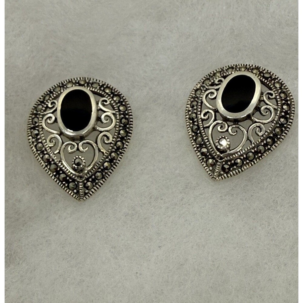 Vintage Sterling Silver Marcasite Onyx Pear Shaped Earrings Women Jewelry